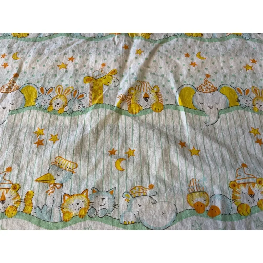 Vtg 70s Crib Sheet Yellow Bear Chick LionsBears Baby Retro Kitschy 2 Pcs Fabric